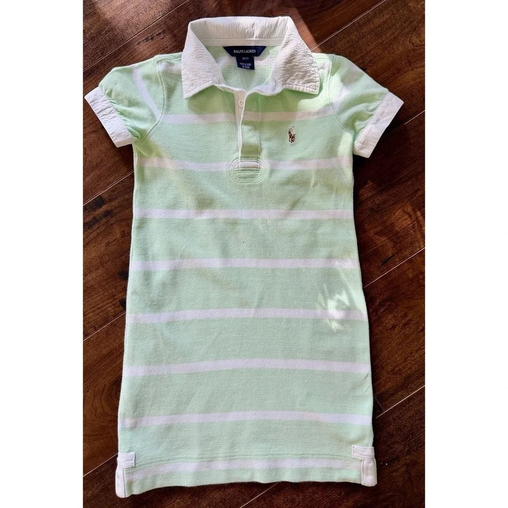 Ralph Lauren Polo Shirt Dress Girls Size 7 Mint Green White Stripe Preppy Pony